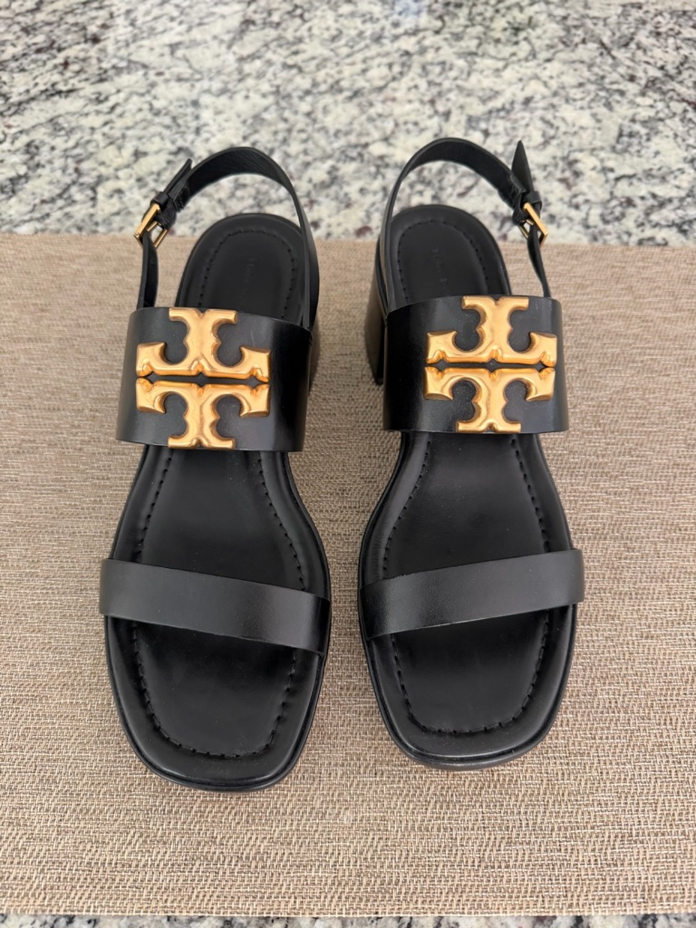 Tory Burch Black Leather Slingback Sandals with Gold Logo Accent